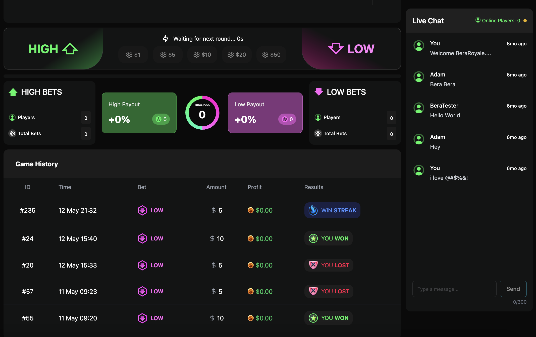 BeraRoyale trading dashboard and price prediction panel
